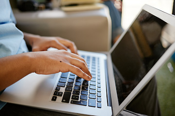 Image showing Hands typing on laptop, sitting on sofa at university and studying online. Student on social media, research school project or writing email on couch. Internet, computer and man with hand on keyboard