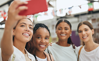 Image showing Happy group phone selfie, friends or teamwork with business people for team building or social media post. 5g network, smartphone and workshop meeting collaboration or support with smile outdoors.