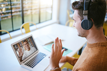 Image showing B2B virtual video call, students and laptop screen with hello wave in meeting, teaching or online learning. Excited international elearning people, friends on zoom call for team knowledge networking