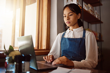 Image showing Restaurant owner on laptop, small business and woman from Singapore typing on business finance or menu development online. Manager at cafe or coffee shop startup working on admin, sales or tax report