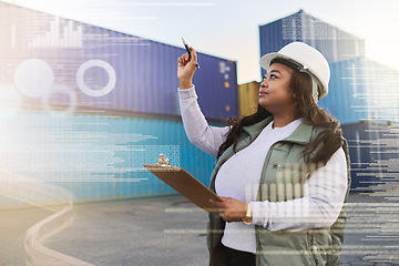 Image showing Supply chain, shipping and delivery with a logistics woman working with a ux interface on a container yard with overlay. Stock, cargo and futuristic with a female worker outdoor for export