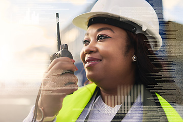 Image showing Logistics, cargo and double exposure of manager with walkie talkie radio for distribution contact communication. Overlay of supply chain black woman with shipping data for container stock delivery