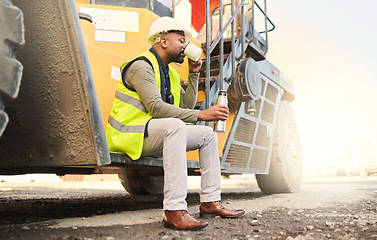 Image showing Coffee, construction and break with a building man holding a flask on a site while working as an engineer with a vehicle. Drink, maintenance and contractor with an African American male builder