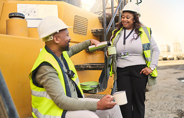 Image showing Logistics, crane or worker break for people, man or black woman and coffee in shipping, supply chain or manufacturing product delivery. Happy smile, industrial teamwork collaboration or relax leaders