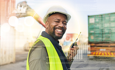 Image showing Man, smile and work in logistics with radio in hand for communication with truck at port in holographic overlay. Black man, happy and future of shipping, cargo and supply chain industry in Cape Town