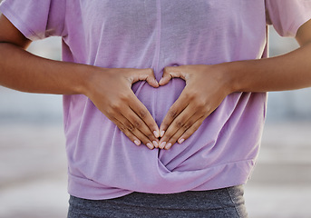 Image showing Hands, heart and stomach with a healthy woman hand icon of health, wellness and diet for body care. Care, abdomen and symbol with a female touching her tummy and making a gesture of love or affection