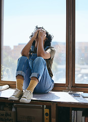 Image showing Tired, stress and creative designer with burnout from working at an advertising startup company. Frustrated, depressed and sad marketing worker with work problem mistake and sleeping by a window