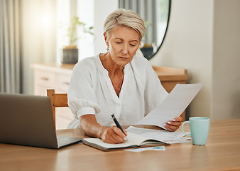 Image showing Senior woman with notebook writing budget plan for retirement and review finance documents. Elderly person with pen and paperwork planning financial bank payment, savings and doing home accounting