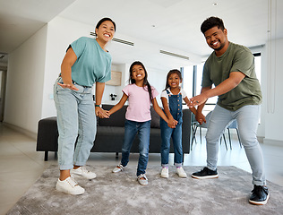 Image showing Happy family, love and dance portrait of children, mom and dad having fun, bond and enjoy quality time together. Happiness, energy and smile from Malaysia family kids and parents in home living room