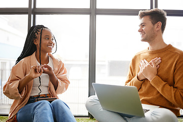 Image showing Business, students and internship working opportunity with man and woman working on a laptop in a modern office. Goal, planning and learning by colleagues collaboration on online marketing project