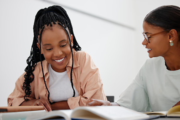 Image showing Black woman, education and learning with books on table with girl, tutor or teacher. Friends, students and study together at desk with notebook for college, university or school while home in Phoenix