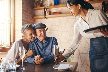 Image showing Love, couple elderly and celebrate marriage with date and wine at restaurant, happy, smile or relax together. Loving, senior man and woman with champagne for celebration of retirement or anniversary