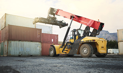 Image showing Shipping container, logistics crane truck and supply chain distribution port in freight export industry. Industrial site with transportation for storage, delivery loading and global ecommerce work