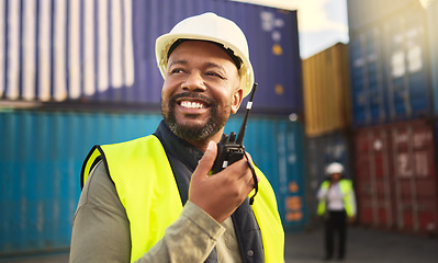 Image showing Man in logistics talking on radio, communication in shipping and transportation industry with a smile. Organization of commercial cargo, e-commerce containers and supply chain management of shipyard