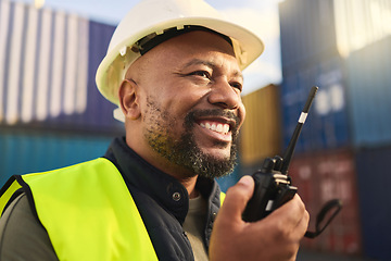 Image showing Logistics, supply chain and radio with a man delivery professional working on a dock or container yard. Communication, shipping and cargo with a male courier at work in distribution, stock or export