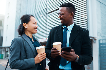 Image showing Business employees, get coffee outside together before work begins and colleagues start working. Friends travel to urban job, walking in the city and talking while drinking takeaway drinks