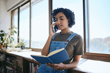 Image showing Woman with notebook, artist talking on smartphone call and planning creative exhibition. Audio conversation on mobile, small business communication for Indian entrepreneur and reading in studio