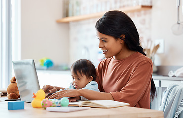 Image showing Down syndrome, laptop and mother for child development, education and learning online in kitchen in house. Mom, baby and computer together in home with toys for play, teaching and cognitive games