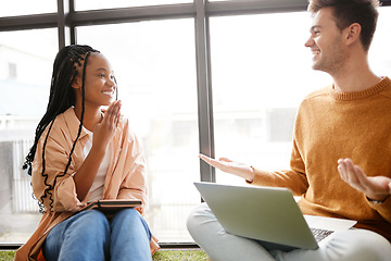 Image showing Studying, laptop and students discussion of team project, online learning or course information at university campus window. Diversity, creative and digital college people or couple for scholarship