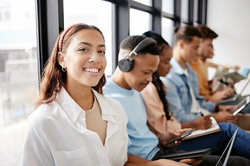 Image showing Studying, technology and students in university for digital or online education, learning and knowledge. College girl portrait happy with school workspace and people with multimedia for productivity