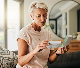 Image showing Senior woman, medicine pills and reading instructions on healthcare, medical wellness and pharmacy tablet box in house living room. Thinking retirement elderly with insurance drugs product in Sweden