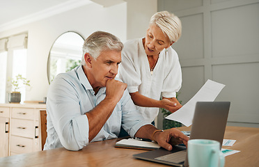 Image showing Retirement planning, finance communication and couple talking about insurance with laptop in living room of home. Senior man and woman speaking about savings with documents and internet banking