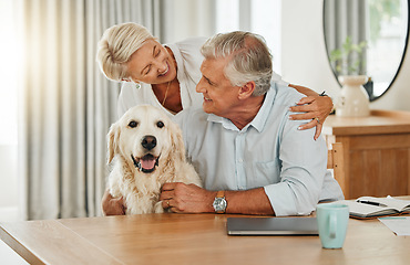 Image showing Love, pet and senior couple with dog relax at home bonding, playing and spend quality time together. Retirement life, smile and happy elderly man, woman or family enjoy peace with domestic animal