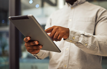 Image showing Night office, businessman hands and tablet planning in company for online ideas, strategy and app connection on 5g technology. Closeup employee working in dark modern office for late digital project