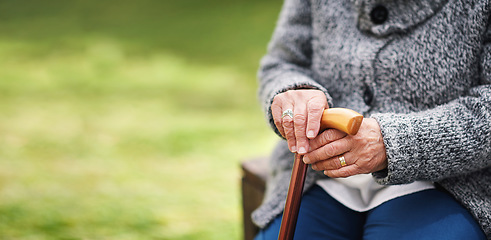 Image showing Old woman, hands and cane on park bench or nature in retirement. Senior retired disabled female pensioner, wood walking stick and wooden mobility aid support for balance and old age problem.