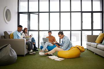 Image showing Relax, education and learning with students in room for university, internet and knowledge. College, online and support with friends studying with books and laptop for school, community and project