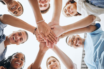 Image showing Team, vision and hands in support of team building activity with diverse colleagues having fun outdoors. Goal, mission and collaboration with happy employee group join hand for motivation and target