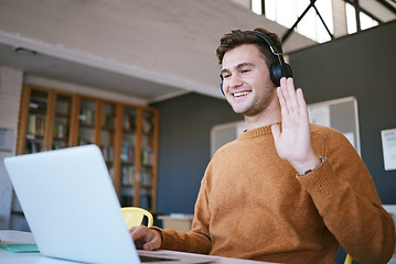 Image showing Elearning, video call and student with laptop in online class wave hello for learning, university and education. Young college man in a digital e learning course with internet wifi and zoom call talk