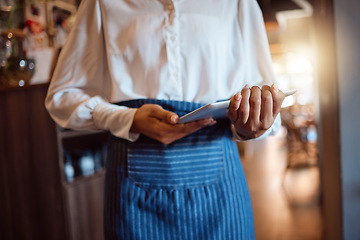 Image showing Waitress hands, tablet and restaurant small business owner fine dining, fast food and coffee shop in online menu service. Closeup woman staff worker, digital app connect and hospitality cafe catering