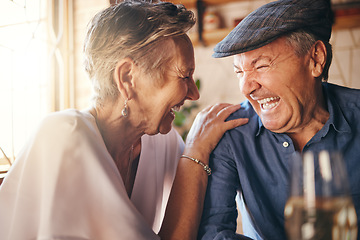 Image showing Senior, couple and laugh after comic joke together in restaurant for bonding time. Smile, man and woman in retirement laughing at funny conversation with love, happiness and comedy in cafe with wine