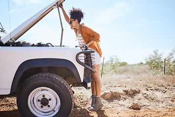 Image showing Travel, repair and help with woman and car on road for adventure, journey and transportation. Emergency, fail and crisis with girl and check motor engine problem from driving accident in outdoor