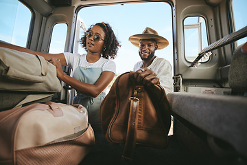 Image showing Black couple, travel and packing for road trip, journey or adventure with bags together. Happy African American man and woman pack for traveling in summer vacation, holiday or break in Mexico