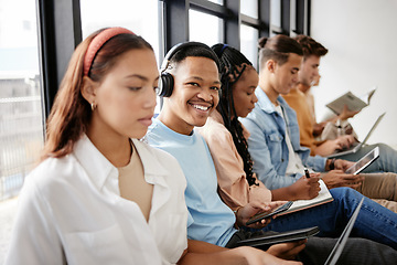 Image showing University student, black man and phone with college friends, group and social media break together. Portrait gen z happy guy listening to mobile app music, internet and relax online at youth campus