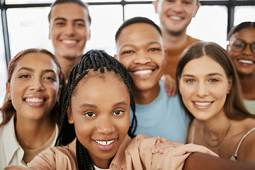 Image showing Happy student selfie, diversity or friends with team building, mission or collaboration in library. University, motivation or college in teamwork or success working with education or class portrait