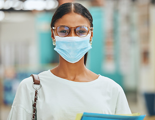 Image showing University student, woman portrait and covid face mask for college, education and learning. Young campus female safety in corona virus pandemic, flu bacteria and health protection at studying school