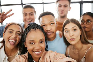 Image showing Friends, selfie and collaboration with a business team taking a photograph in their office together. Teamwork, design and creative with a group posing for workplace diversity and success