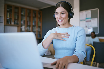 Image showing Video call, presentation and student with laptop and headphones talking in virtual class discussion at university library or workspace. College woman teacher in virtual zoom call for elearning course