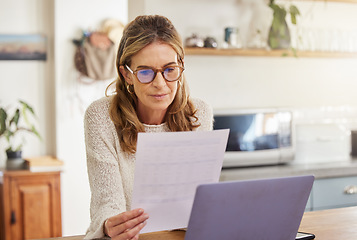 Image showing Budget, finance and retirement woman with laptop and paperwork for pension savings, bills or income investment on digital bank app. Elderly person with mortgage, financial document or tax management