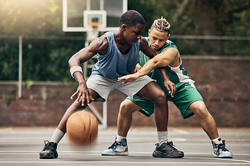 Image showing Basketball sport, outdoor game and men training on court for professional event with energy together. Athlete team playing fast sports in collaboration with action for exercise, workout and health