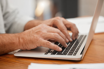 Image showing Senior hands, laptop and typing email, online web search or writing article using computer keyboard at home. Closeup man, freelancer or remote worker using information technology with wifi connection