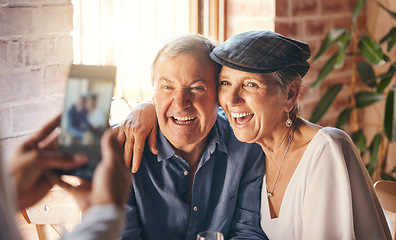 Image showing Hands, phone and photography of senior couple smile together for joy, happiness and relationship love. Elderly, retired and married man and woman smiling, excited and happy for digital mobile photo