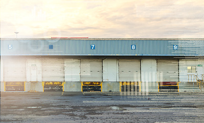 Image showing Empty logistics, industrial and cargo shipping site for product distribution, dispatch and storage. Supply chain warehouse, commercial building and loading bay garage door for export freight delivery