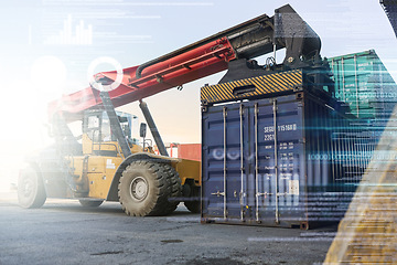 Image showing Shipping, supply chain and logistics with a container crane in a yard for storage, freight or cargo distribution and delivery. Stock, industry and ecommerce with retail transport outdoor with overlay