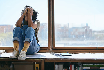 Image showing Burnout, anxiety and fatigue creative student frustrated lack of inspiration, studying or learning problem in university classroom. College woman by window crying, stress or mental health depression