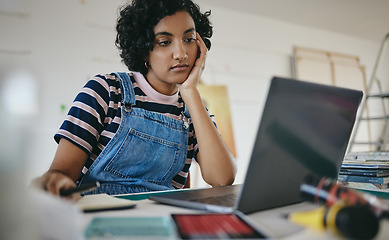 Image showing Laptop, woman and bored student on desk in home, tired or exhausted working on project. Thinking, overwork and distracted female doing boring dull homework trying to think of ideas, focus or study.