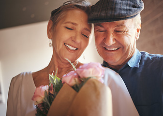 Image showing Love, hug and old couple with flowers as a gift in celebration of a happy birthday, marriage and valentines day. Romance, smile and senior woman with elderly partner to celebrate retirement milestone